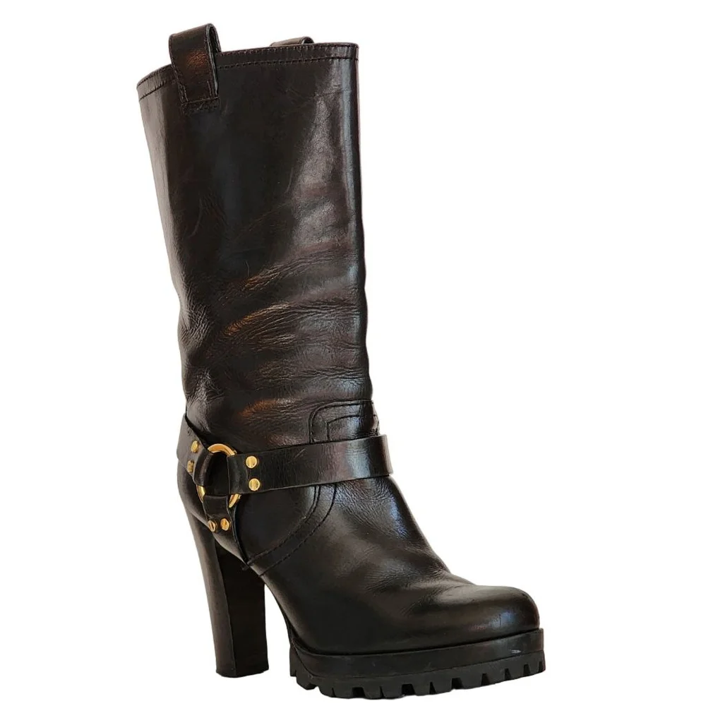 TORY BURCH Rainelle Black Heeled Mid-Calf Motorcycle Boots‎ Gold Harness 10.5